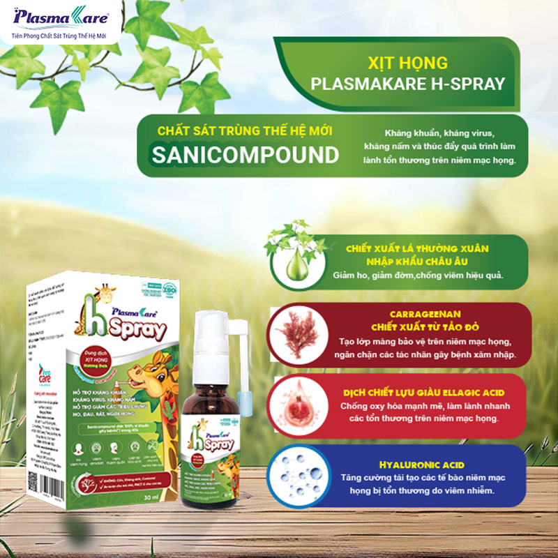 Xịt họng PlasmaKare H - Spray, kháng khuẩn, kháng virus, giảm ho, rát họng, phục hồi niêm mạc