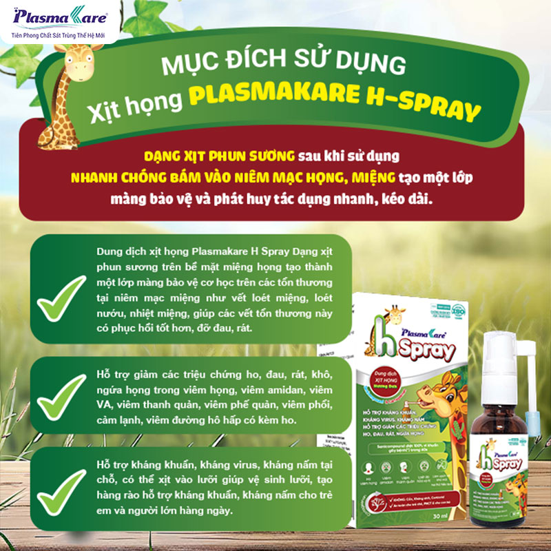 Xịt họng PlasmaKare H - Spray, kháng khuẩn, kháng virus, giảm ho, rát họng, phục hồi niêm mạc