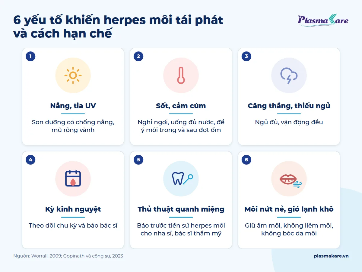 Infographic 6 yếu tố khởi phát herpes môi tái phát: nắng, sốt, căng thẳng, kỳ kinh, thủ thuật quanh miệng, môi nứt nẻ