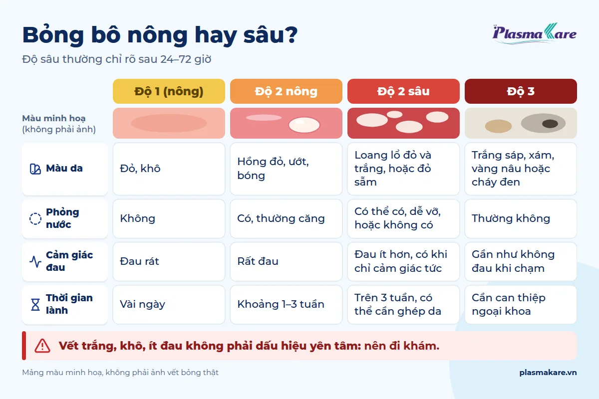 Infographic phân biệt độ sâu vết bỏng bô xe máy: độ 1, độ 2 nông, độ 2 sâu, độ 3 theo màu da, phỏng nước, đau, thời gian lành
