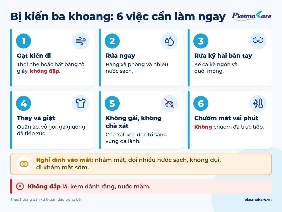Infographic 6 việc cần làm ngay khi bị kiến ba khoang: gạt kiến, rửa xà phòng và nước, rửa tay, thay đồ, không gãi, chườm mát