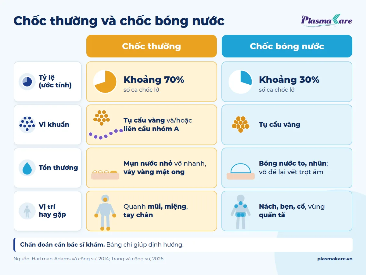 Infographic phân biệt chốc thường và chốc bóng nước ở trẻ về tỷ lệ, vi khuẩn, tổn thương và vị trí hay gặp