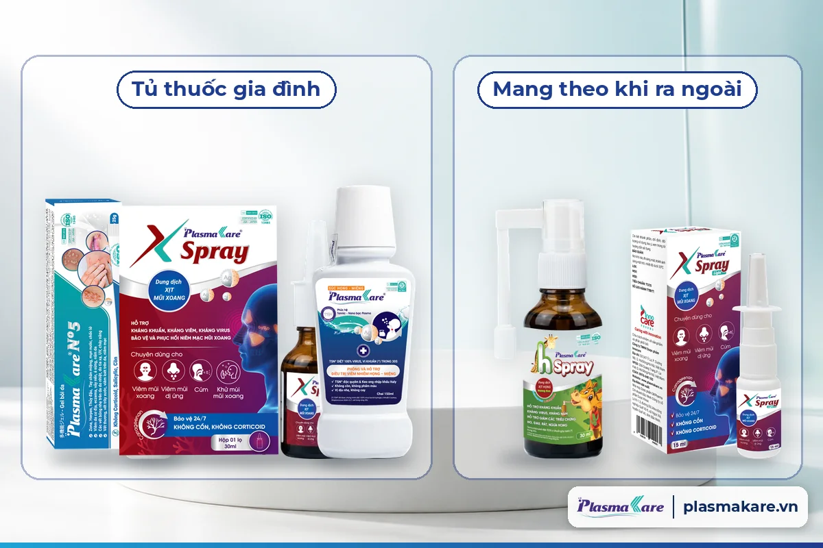 Gel No5, X-Spray và Súc họng-miệng 150ml trong khung tủ thuốc gia đình; H Spray và X-Spray Light trong khung mang theo khi ra ngoài