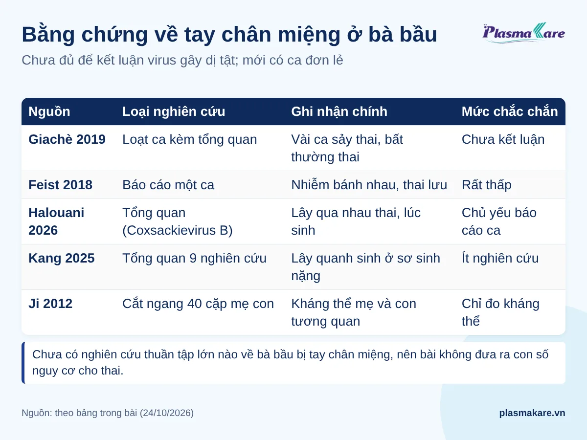 Bảng năm nguồn bằng chứng về tay chân miệng ở thai phụ, kèm mức chắc chắn