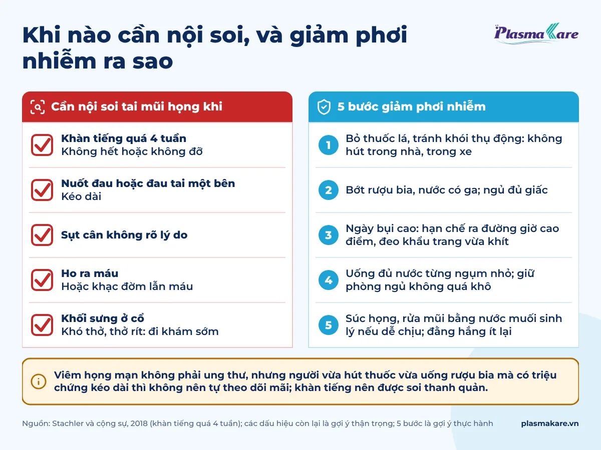 Bảng kiểm năm dấu hiệu cần nội soi tai mũi họng cạnh năm bước giảm phơi nhiễm khi bị viêm họng mạn tính