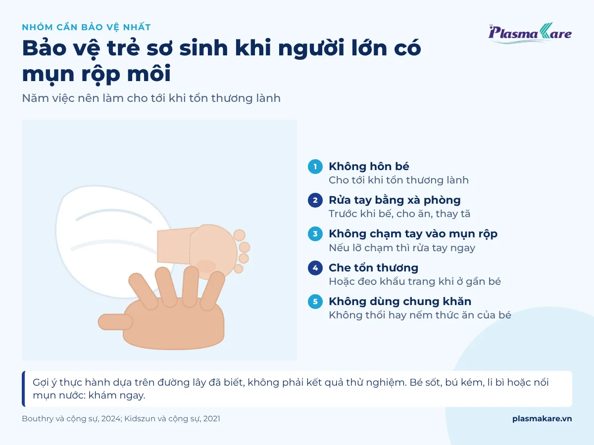 Bàn tay người lớn nắm nhẹ bàn chân trẻ sơ sinh quấn khăn trắng