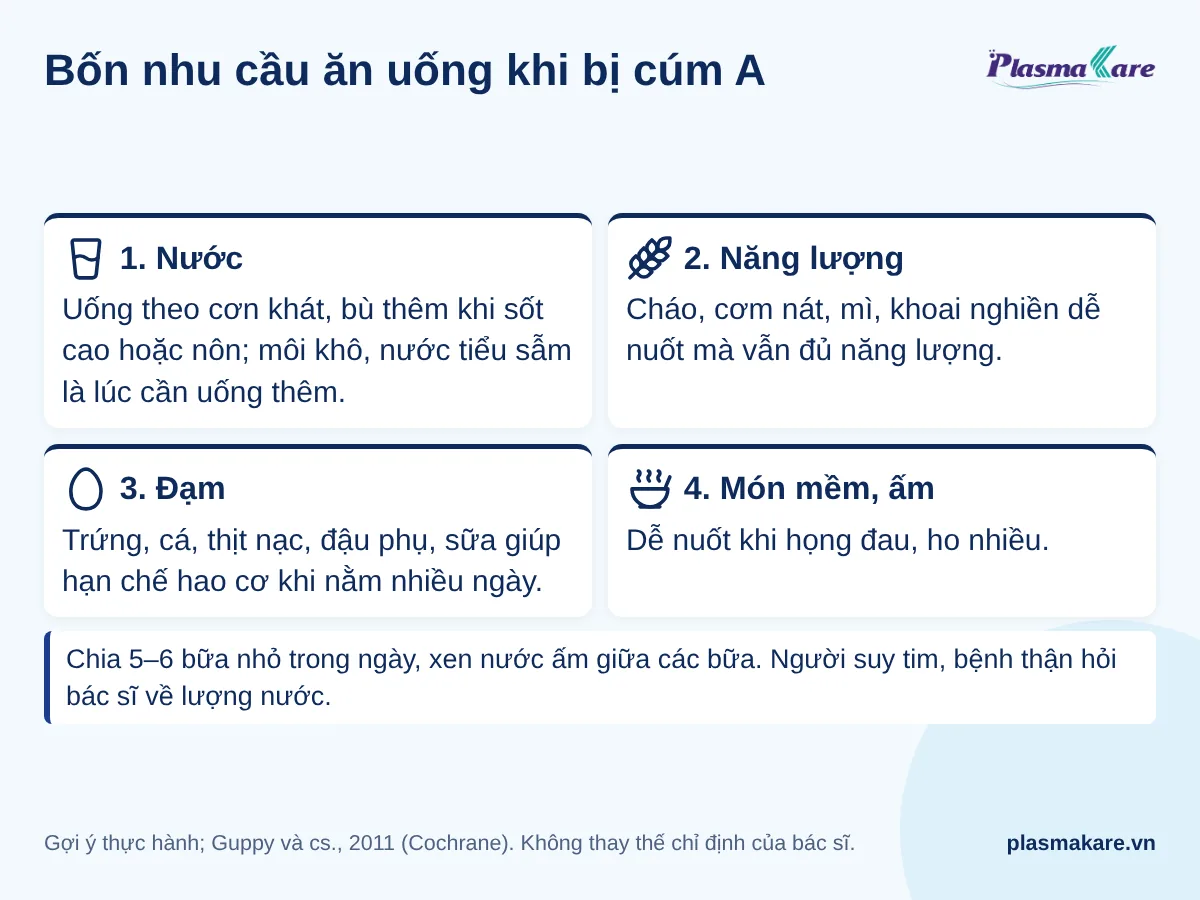 Bốn nhu cầu ăn uống khi bị cúm A: nước, năng lượng, đạm, món mềm