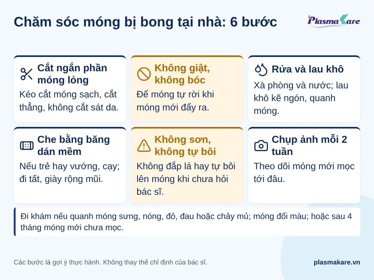 Sáu bước chăm sóc móng bị bong tại nhà: cắt phần lỏng, không giật móng, băng mềm