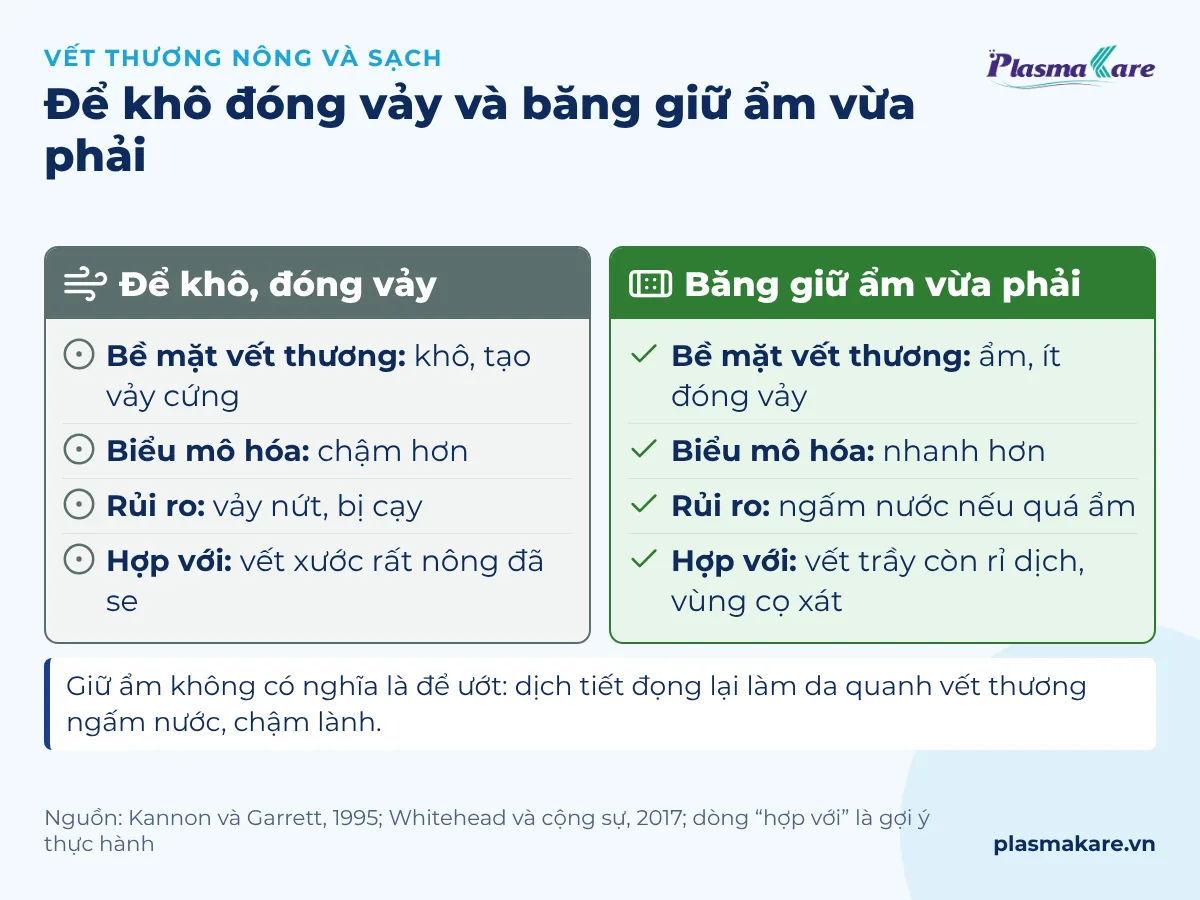 Bảng so sánh để khô đóng vảy với băng giữ ẩm vừa phải: bề mặt, biểu mô hóa, rủi ro, loại vết thương phù hợp