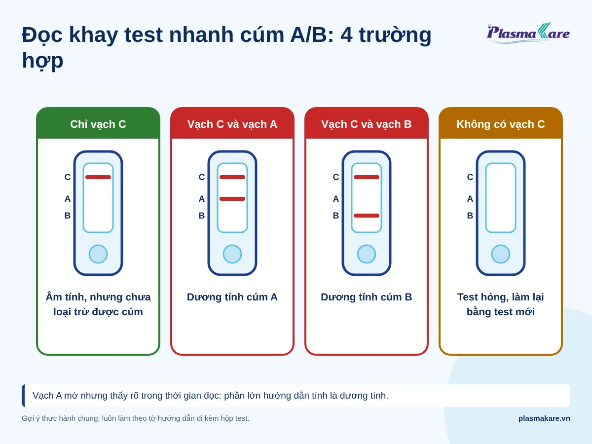 Bốn trường hợp đọc khay test nhanh cúm A và B theo vạch C, A, B
