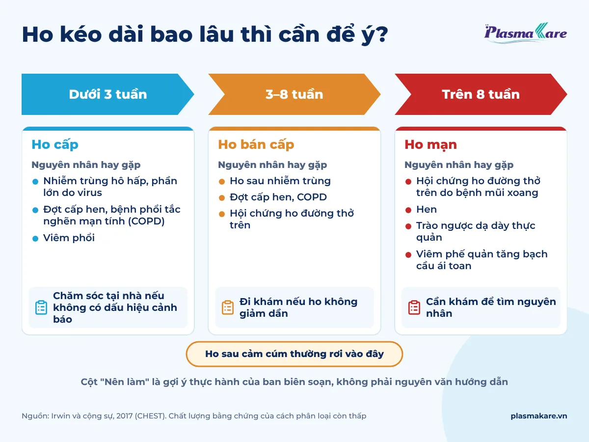 Dòng thời gian ba mốc: ho cấp dưới 3 tuần, ho bán cấp 3 đến 8 tuần, ho mạn trên 8 tuần, kèm nhóm nguyên nhân hay gặp và gợi ý nên làm ở mỗi mốc