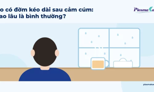 Minh họa một người ngồi quay lưng, cạnh cửa sổ có mưa nhẹ, trên bàn có cốc nước ấm bốc hơi và hộp khăn giấy trơn, không thấy mặt