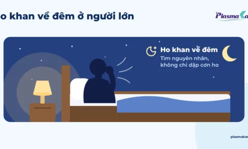 Minh họa bóng người lớn ngồi trên giường trong phòng ngủ có đèn ngủ dịu, một tay che miệng khi ho, không thấy mặt