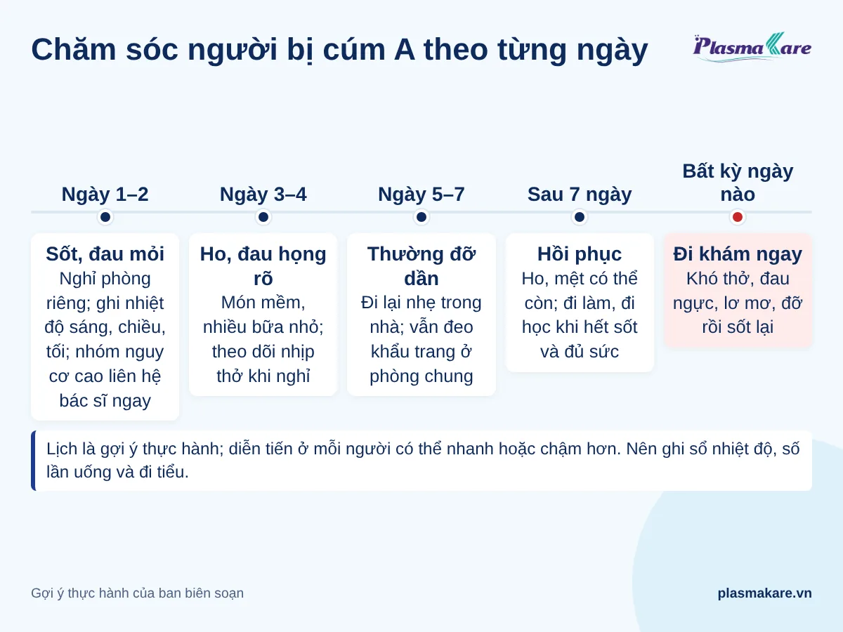 Dòng thời gian chăm sóc người bị cúm A: ngày 1–2, ngày 3–4, ngày 5–7, sau 7 ngày và dấu hiệu cần đi khám ngay bất kỳ ngày nào