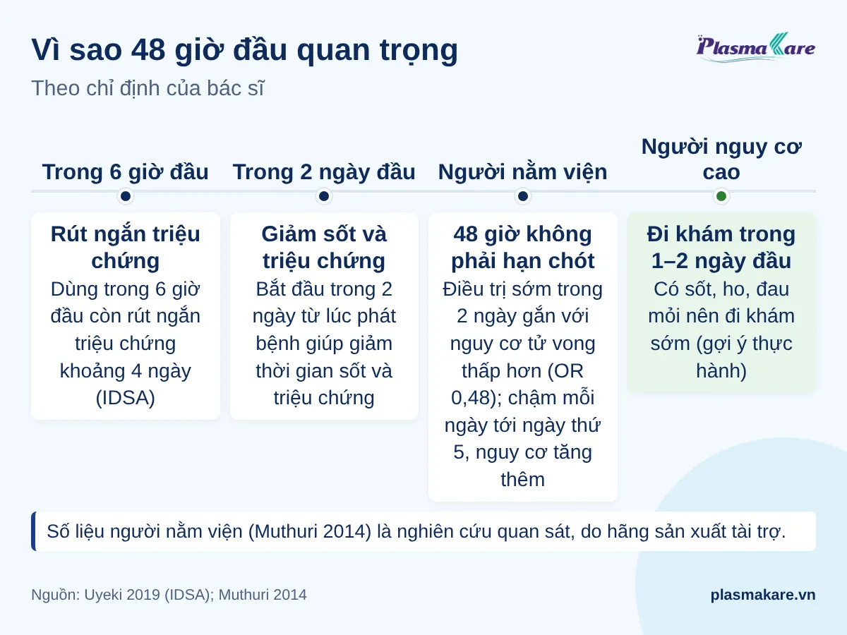 Dòng thời gian bốn mốc: 6 giờ đầu, 2 ngày đầu, người nằm viện và người nguy cơ cao nên đi khám trong 1–2 ngày đầu