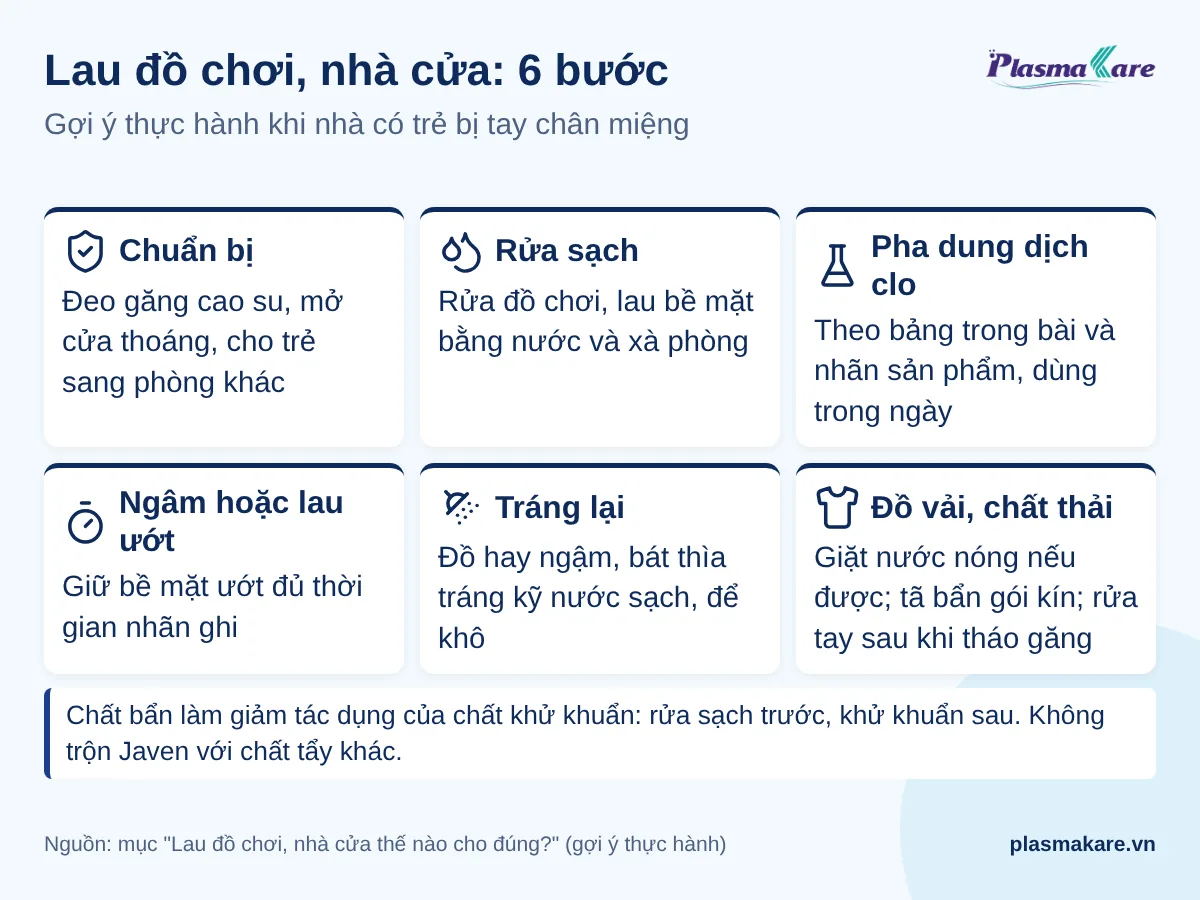 Sáu bước lau đồ chơi, nhà cửa khi trẻ bị tay chân miệng: chuẩn bị, rửa sạch, dung dịch clo, lau ướt, tráng lại, đồ vải