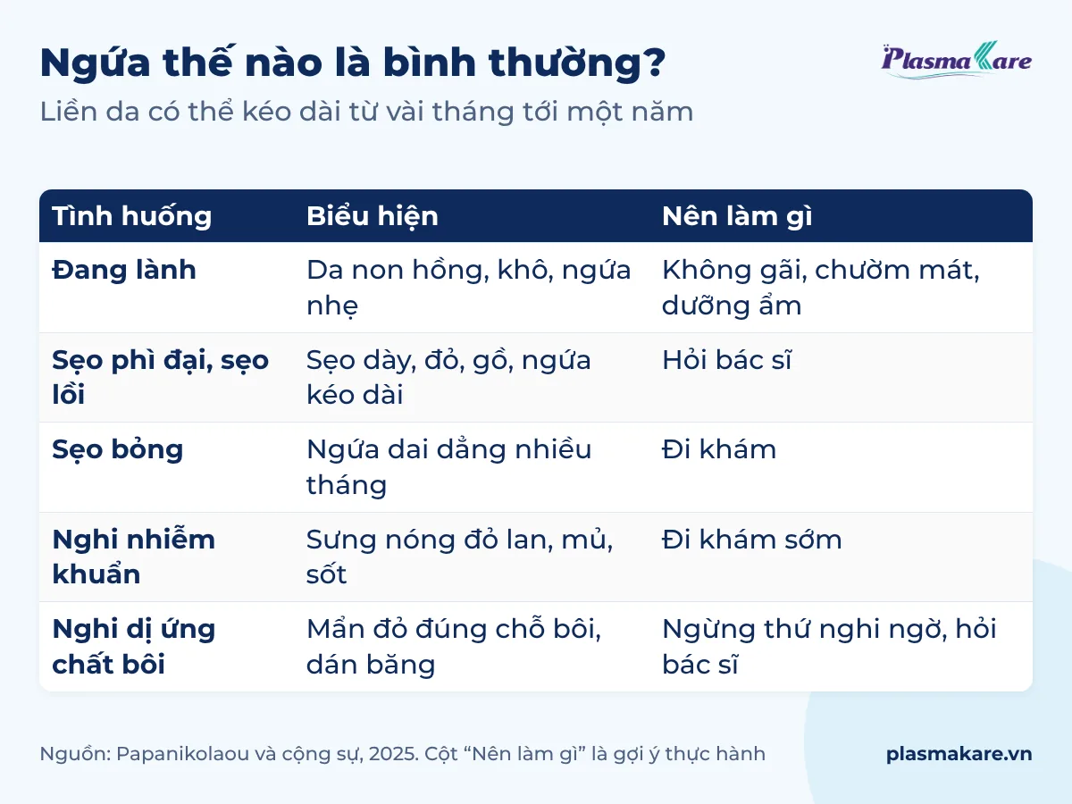 Bảng phân biệt năm tình huống ngứa: đang lành, sẹo phì đại hoặc sẹo lồi, sẹo bỏng, nghi nhiễm khuẩn, nghi dị ứng chất bôi