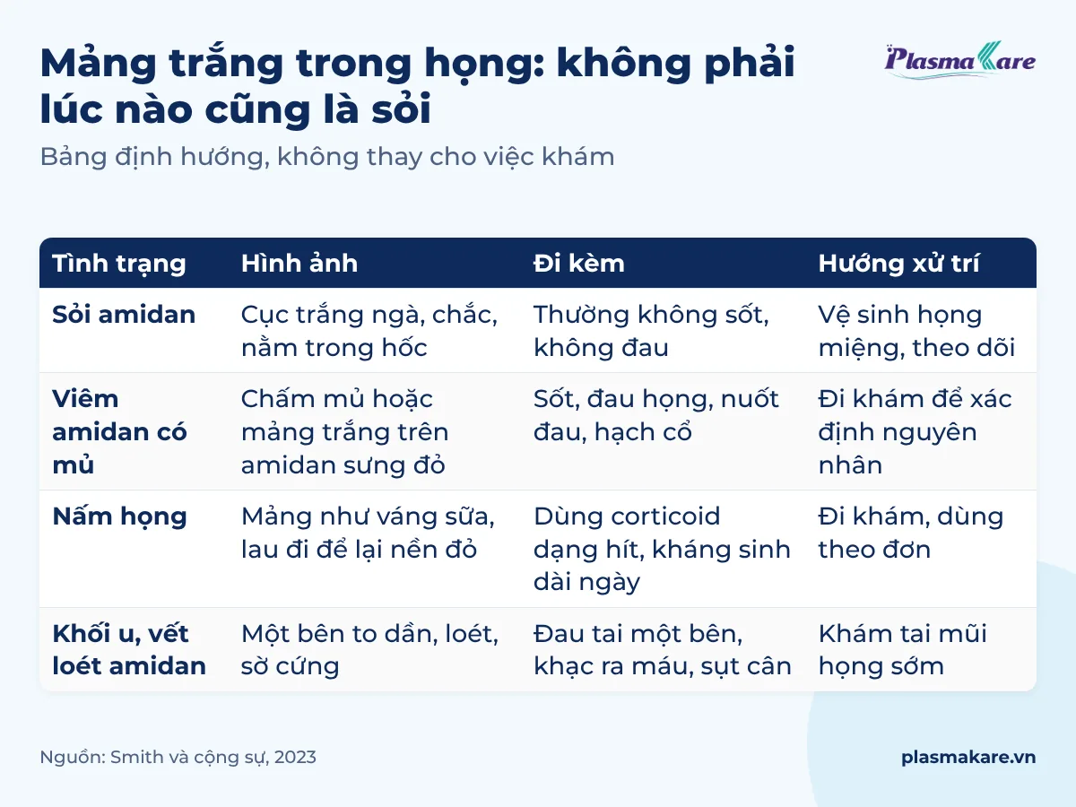 Bảng phân biệt bốn tình trạng mảng trắng trong họng: sỏi amidan, viêm amidan có mủ, nấm họng, khối u hoặc vết loét amidan