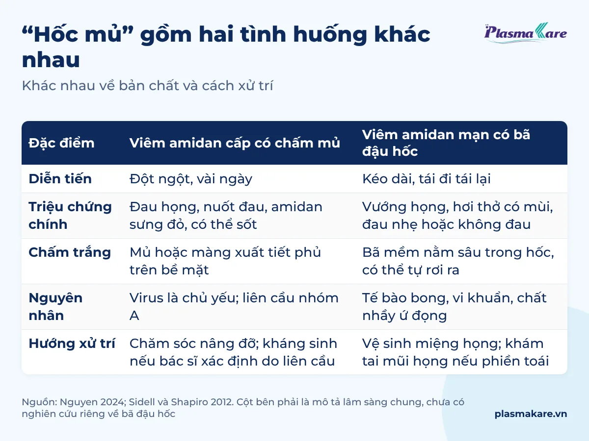 Bảng so sánh viêm amidan cấp có chấm mủ và viêm amidan mạn có bã đậu hốc: diễn tiến, triệu chứng, chấm trắng, nguyên nhân, hướng xử trí