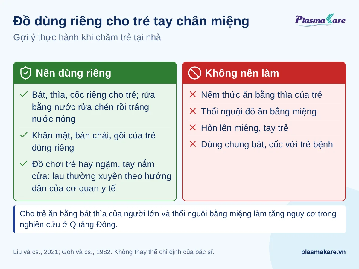 Bảng hai cột đồ dùng tách riêng cho trẻ tay chân miệng và việc nên tránh