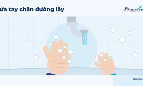 Minh họa phẳng bàn tay người lớn và bàn tay trẻ nhỏ rửa dưới vòi nước với bọt xà phòng, nền gạch sáng