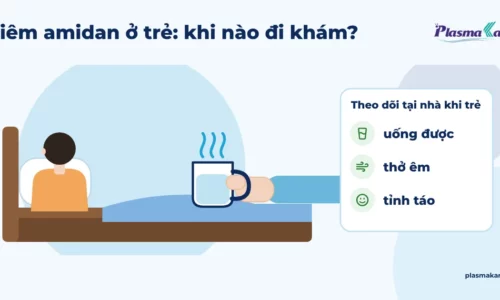 Trẻ nhỏ ngồi trên giường quay lưng, tay người lớn đưa cốc nước ấm, kèm ba dấu hiệu theo dõi tại nhà