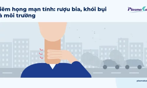 Minh họa người lớn chụp từ cằm trở xuống, tay đặt nhẹ lên cổ họng, phía sau mờ là đường phố có khói bụi và xe cộ